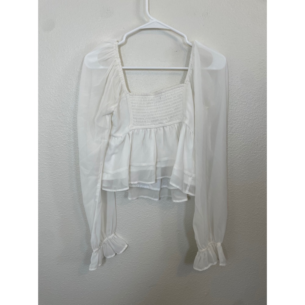 Y2K Abercrombie Fitch White Square Neck Smocked Peplum Sheer Sleeve Top Women - Picture 2 of 8